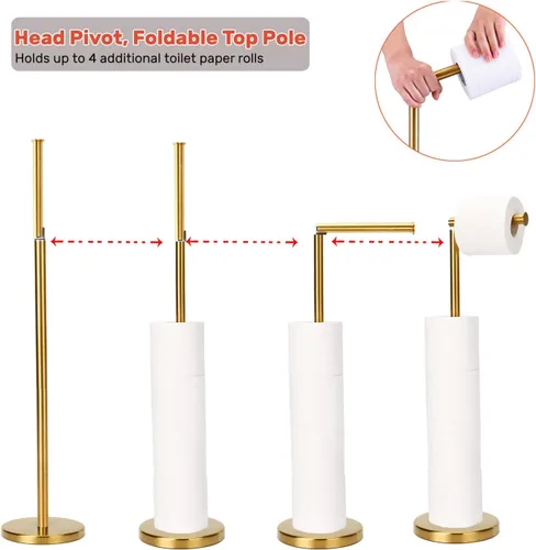 Miniatura 6 de Soporte de papel higiénico dorado, soporte de papel higiénico independiente con reserva para 4 rollos de repuesto, base resistente, estante