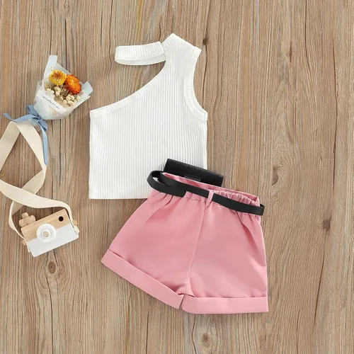Miniatura 30 de Adobabirl Conjunto de ropa de verano para niña pequeña, sin mangas, acanalada, top halter y pantalones cortos, ropa de moda para niños con cinturón