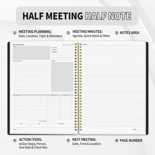 Miniatura 2 de SUNEE Half Meeting Half Note - Cuadernos profesionales de 8.5"x11" para el trabajo - 160 páginas, planificador de proyectos de tamaño A4, agenda
