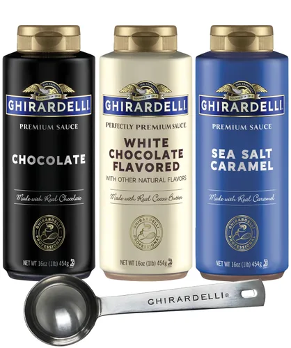 Miniatura 16 de Ghirardelli 1 - Salsas de caramelo y 2 - salsa de caramelo con sal marina, botellas de presión de 16 oz con cuchara barista estampada