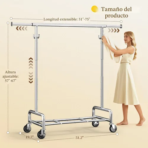 Miniatura 9 de Raybee Perchero resistente de 75 pulgadas extra ancho, 450 libras con 4 ganchos, ruedas bloqueables, perchero de metal para dormitorio, lavandería