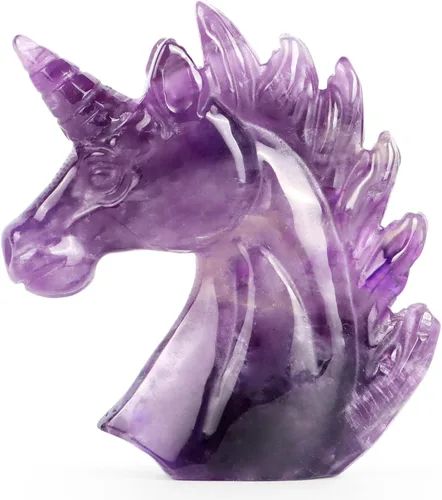 Artistone Estatua de unicornio de cristal de amatista de 3 pulgadas, piedra preciosa tallada a mano, piedra de caballo de unicornio morado, figuras