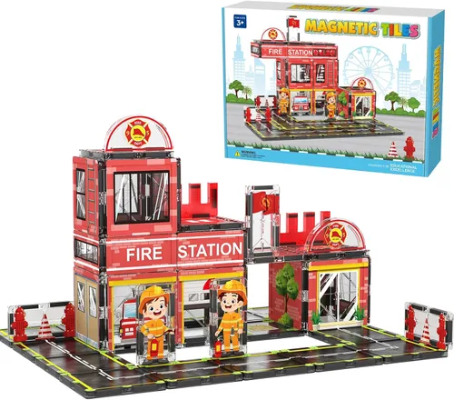Miniatura 9 de AFUNX - Azulejos magnéticos, set de 54 piezas con tema de aeropuerto, bloques de construcción magnéticos y juguetes educativos STEM para niños
