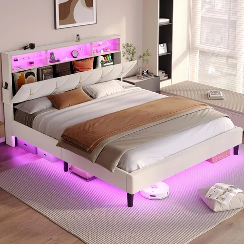 Miniatura 8 de BTHFST Marco de cama tamaño completo con luces LED y estación de carga, marco de cama LED tamaño completo con almacenamiento de cabecero, cama