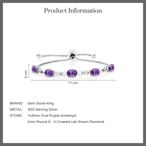 Miniatura 123 de Gem Stone King Pulsera de tenis de diamantes cultivados en laboratorio con piedra natal de 3-6 quilates para mujer, plata de ley 925, ovalada