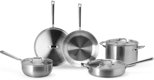 Misen Juego de utensilios de cocina de acero inoxidable de 5 capas - Versátil, apto para lavavajillas - Set de 9 piezas - Sartén de 10", sartén de