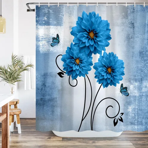 Miniatura 8 de Cortina de ducha con diseño floral, flores de dalia amarillas y mariposas, cortinas de ducha para baño, juego de cortina de ducha rústica
