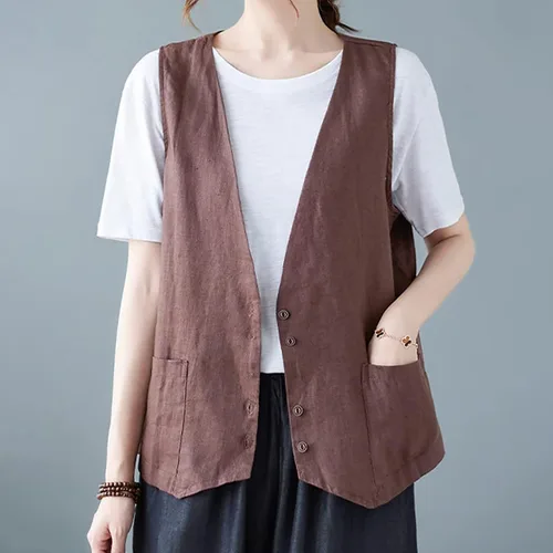 Miniatura 21 de COTECRAM Chaleco de lino de algodón para mujer, casual, sin mangas, con botones, ligero, para verano, holgado, ropa de abrigo