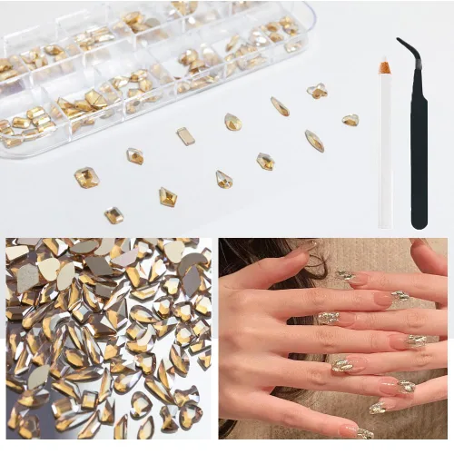Miniatura 7 de 2680 diamantes de imitación para uñas color dorado champán, 120 dijes grandes de uñas doradas, piedras preciosas de diamante con cuentas redondas K9