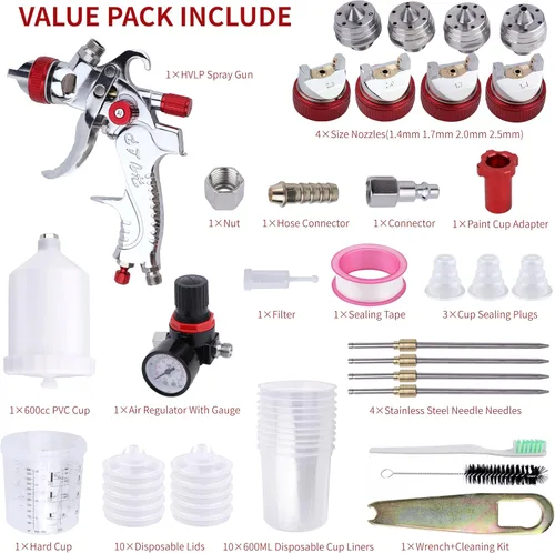 Miniatura 3 de HVLP - Pistola pulverizadora con 10 vasos de pintura desechables de 20.3 fl oz, kit de pistola de pulverización de alimentación por gravedad Rojo
