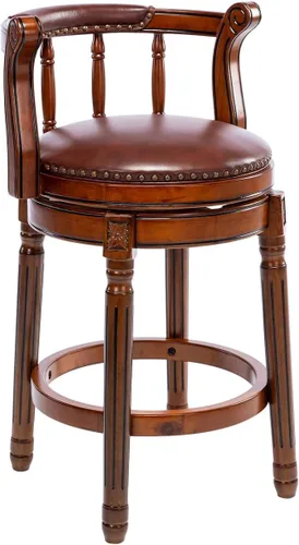 Miniatura 13 de RAINMOOD Juego de 2 taburetes de bar, taburete tapizado de cuero de grano completo, silla de bar negra con respaldo, patas de madera maciza