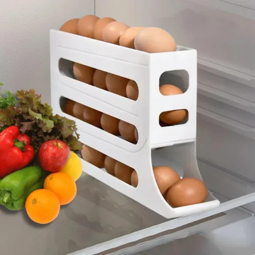 Miniatura 4 de Soporte para huevos con ruedas automáticas para refrigerador, estante organizador de refrigerador (blanco)