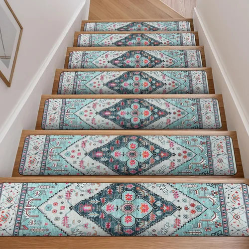 Miniatura 19 de OJIA Peldaños de escalera antideslizantes para escalones de madera en interiores, 15 piezas de 8"x30" alfombras con respaldo de goma para peldaños