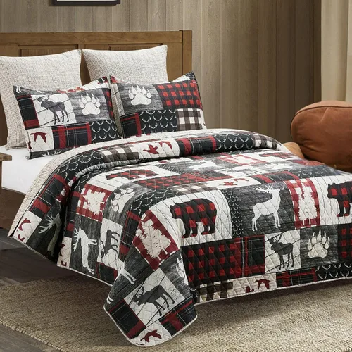 Miniatura 21 de Virah Bella Juego de ropa de cama King Lodge de 3 piezas, juego de edredón reversible rústico con fundas de almohada decorativas, panel familiar