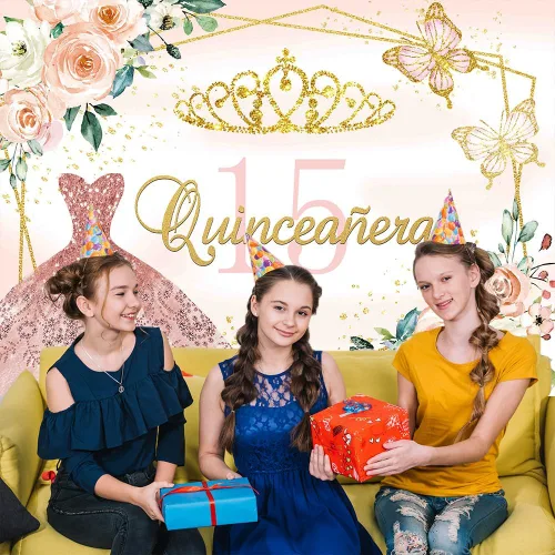 Miniatura 4 de Telón de fondo de quinceañera para cumpleaños número 15, vestido de princesa rosa, telón de fondo de quinceañera para niña dulce, corona dorada
