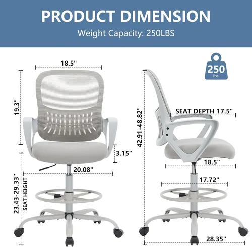 Miniatura 3 de DUMOS Silla de Dibujo - Silla de Oficina Ergonómica y Alta para Escritorio de Pie, Mostrador con Altura Ajustable y Cómodo Soporte Lumbar, Gris
