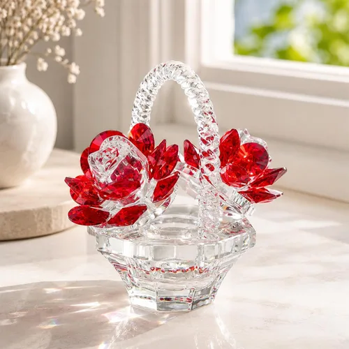 Miniatura 11 de H&D HYALINE & DORA Regalo de flor de rosa de cristal para mujeres, escultura artesanal de rosa de cristal rosa en forma de cesta para el día de San