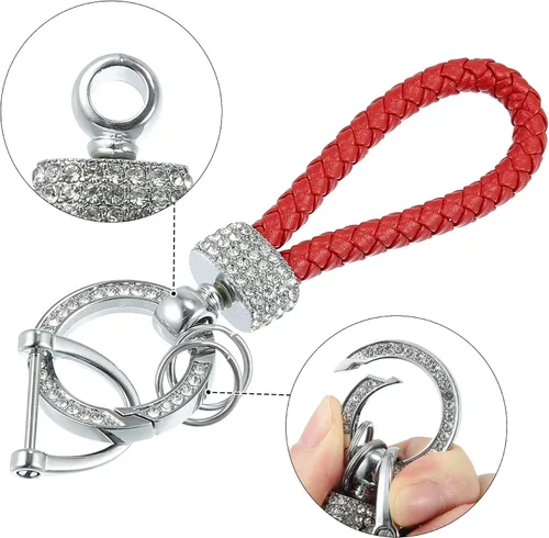 Miniatura 4 de X AUTOHAUX Llavero de cuerda trenzada para hombres y mujeres, de piel sintética giratoria de 360 grados con anillo en forma de D, juego de llaveros