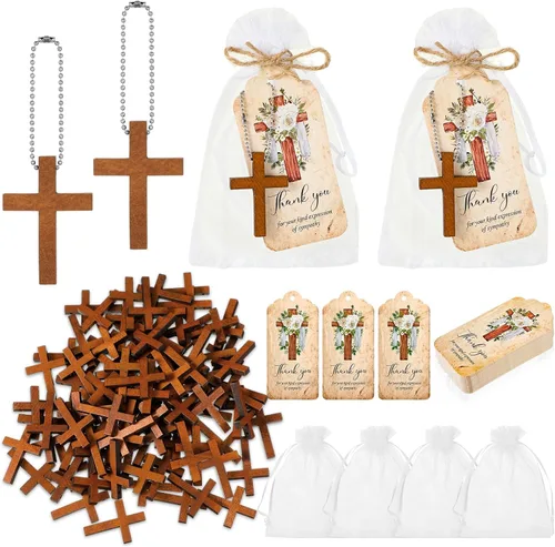 Tradder Juego de 100 Recuerdos Funerarios con 100 Llaveros de Cruz de Madera, Tarjetas de Agradecimiento Funerarias, Bolsas de Organza para