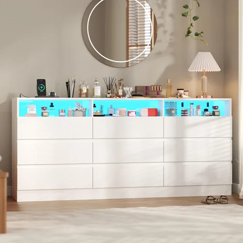Miniatura 9 de Gyfimoie Cómoda de 9 cajones con toma de corriente, cómoda moderna blanca con luces LED, cómodas de madera con soporte para TV, organizador