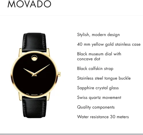Miniatura 2 de Movado Reloj de museo de oro amarillo para hombre con esfera de museo de punto cóncavo correa doradanegra modelo 607271 NegroOro Core Museum Classic