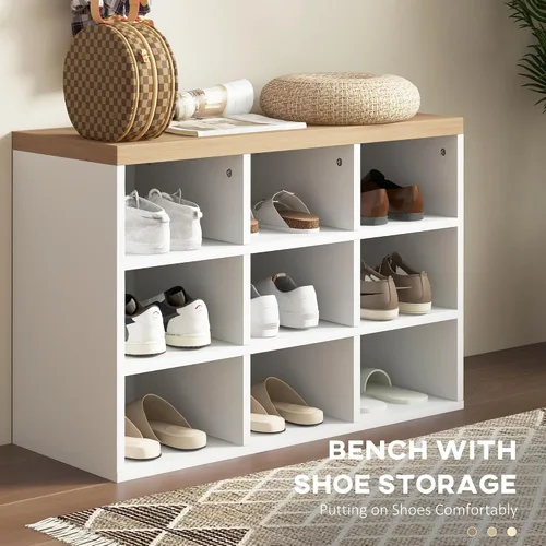 Miniatura 4 de HOMCOM Juego de banco de zapatos 2 en 1, árbol de pasillo de 5 ganchos con banco y almacenamiento de zapatos para 9 pares de zapatos para entrada