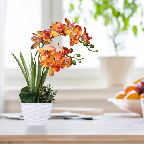 Miniatura 6 de Ohmywor Flores artificiales de orquídea naranja, arreglos de falaenopsis falsas, flores de orquídea de otoño con maceta blanca de 18.9 pulgadas