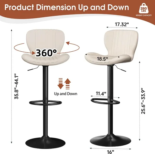 Miniatura 2 de JAMFLY Juego de 2 taburetes de bar, taburetes de bar ajustables de cuero, taburetes de bar modernos, sillas de isla juego de 2 para cocina
