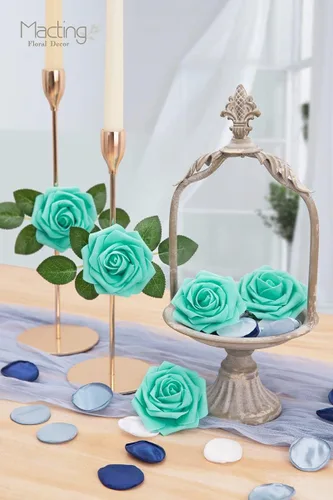 Miniatura 5 de MACTING - Rosas artificiales de tacto real de 30 piezas con tallo, flores de espuma de color verde menta, para ramos de boda, centros de mesa