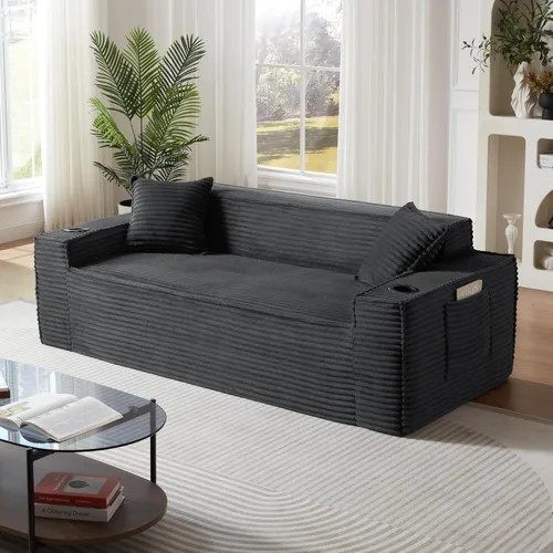 Miniatura 25 de Sofá sin hueso de 66.5 pulgadas con portavasos y bolsillos laterales, sofá biplaza tapizado de tela de pana moderna con 2 almohadas para sala