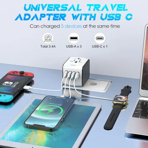 Miniatura 5 de ISIX Adaptador de viaje internacional Adaptador de corriente universal en todo el mundo todo en uno 4 USB perfecto para Europa EE. UU., UE, Reino