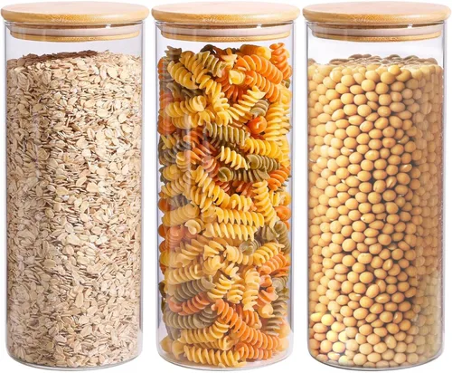 ComSaf Juego de 3 tarros de almacenamiento de vidrio con tapas de 1.7 Qt, tarros de vidrio con tapas, tarro de almacenamiento de alimentos