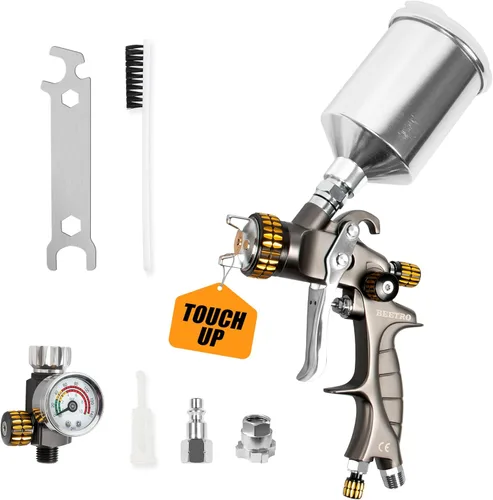 Miniatura 10 de BEETRO - Pistola pulverizadora de aire HVLP, capacidad de 1000ml, 14.3CFM, 29-32psi, boquillas de 1.4mm/1.8mm, acero inoxidable con adaptador tipo