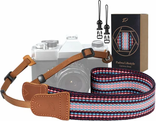 Miniatura 10 de Padwa Lifestyle Correa de cámara con rayas - 1.5" Correa suave de cuerda trenzada de algodón con cabezal de cuero vacuno Crazy Horse para el hombro