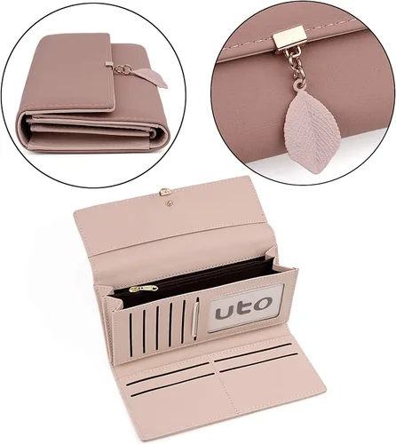 Miniatura 146 de UTO - Cartera pequeña RFID de piel sintética con dije de hoja, cierre de cremallera y tarjetero.