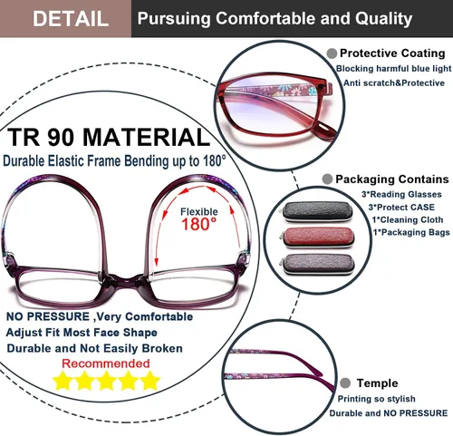 Miniatura 4 de EYEURL Lentes de lectura para mujer, bloqueo de luz azul, 1.50 lectores de computadora antifatiga, TR90 ultra ligeros con marco rectangular