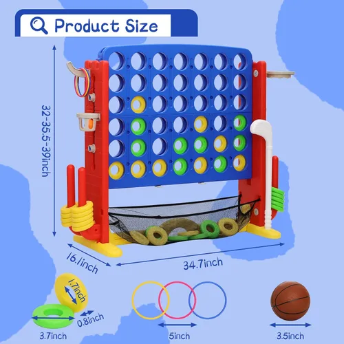 Miniatura 6 de Juego gigante 4 en una fila, juego de patio jumbo de ajuste de altura para niños y adultos con bolsa de captura de malla, golf, aro de baloncesto