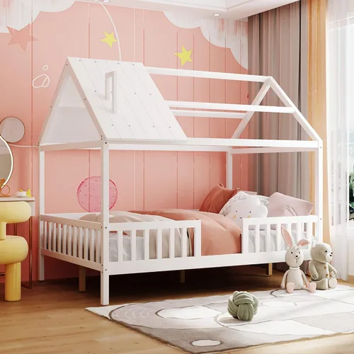 Miniatura 11 de Merax Cama de madera de tamaño individual, marcos de cama individual de madera maciza con nido y estante, cama de casa para niños, color blanco