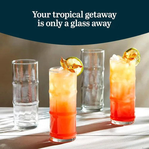Miniatura 2 de Libbey Juego de 4 vasos altos para cóctel Tiki de bambú, vasos icónicos de 16 oz, vasos modernos para cócteles Highball Bambú Tiki