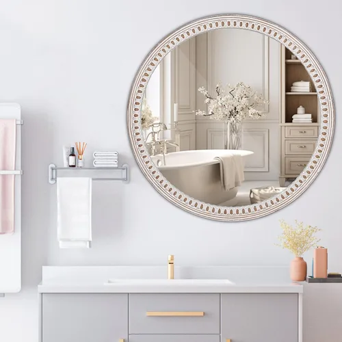 Miniatura 2 de Espejo de pared redondo de madera rústica de 24 pulgadas, espejos circulares decorativos para baño sobre fregadero, sala de estar, entrada, Estilo 2