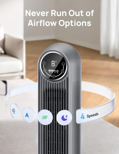 Miniatura 4 de Dreo Ventilador de torre para dormitorio, ventilador de suelo silencioso de velocidad de 25 pies/s, ventiladores oscilantes de 90° para interiores