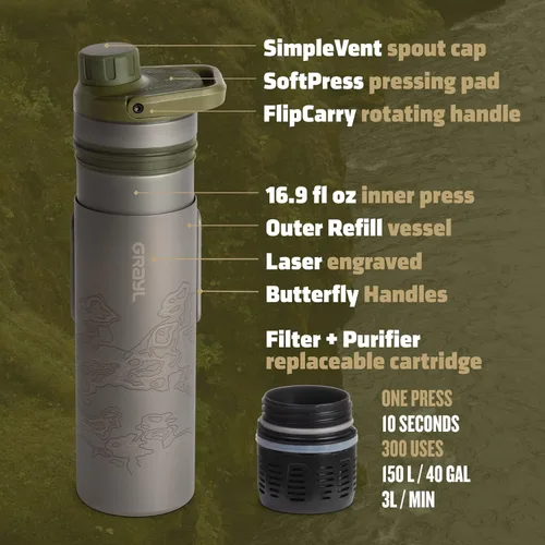 Miniatura 8 de GRAYL UltraPress Titanium - Purificador y filtro de agua de 16.9 oz para senderismo, mochilero, supervivencia, bushcraft, viajes (Olive Drab)