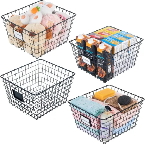 JUNCHU CHERRY Paquete de 4 canastas de almacenamiento de alambre hechas a mano para organizar artículos del hogar, organización de despensa,