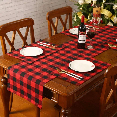 Miniatura 5 de Sattiyrch Juego de 4 manteles individuales navideños de cuadros búfalo, de poliéster y arpillera, reversibles, rojos y negros, a cuadros búfalo