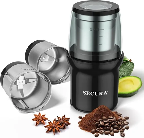 Secura - Molinillo eléctrico para especias, cuencos duales de acero inoxidable para molienda húmeda y seca, uso múltiple para especias y café Negro