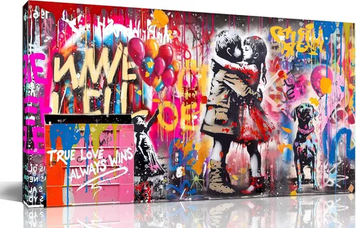 CIRABKY Arte de pared de graffiti, colorido arte de pared de Banksy, impresión de niña con beso de niño, 20 x 40 pulgadas