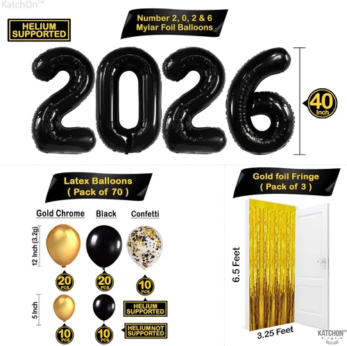 Miniatura 3 de KatchOn, Juego de decoraciones de Año Nuevo 2026, enorme, paquete de 85 Globo de estrellas negras y doradas, telón de fondo de cortina con flecos