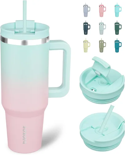 Miniatura 45 de BJPKPK - Vasos con aislamiento térmico, con asa y pajilla, vasos térmicos de acero inoxidable de 40 onzas con tapa, color rosado claro Rosa claro