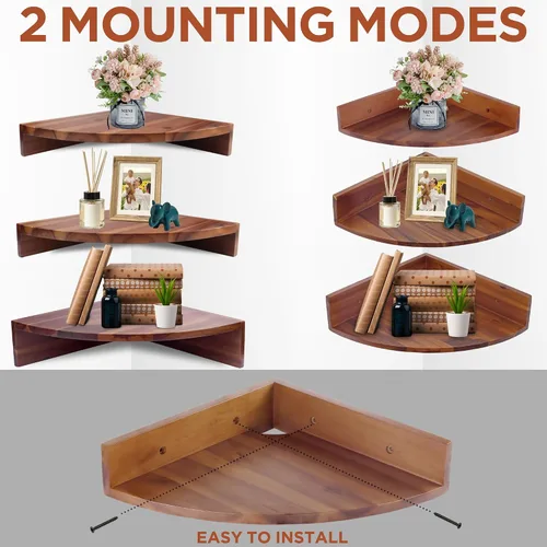 Miniatura 5 de Demigo Juego de 3 estantes de esquina para montaje en pared, de madera de acacia maciza, redondos, flotantes para almacenamiento y exhibición