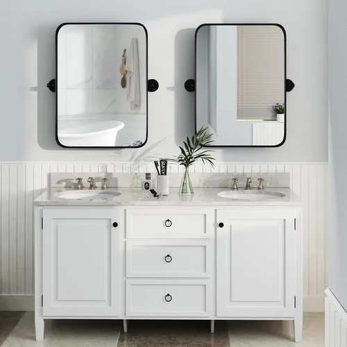 Miniatura 3 de Tangkula Espejo pivote de 30 x 22 pulgadas, espejo de baño inclinable con película inastillable, soportes de pared, espejo enmarcado para montaje